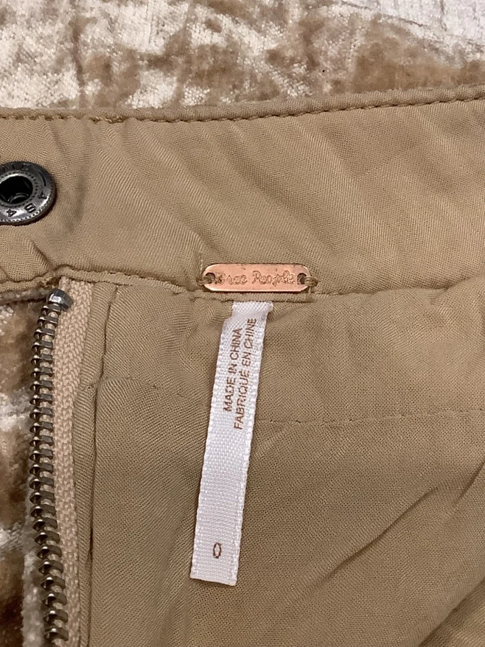Free People Women’s Beige Velvet Mini Skirt, Solid, Zip Closure, Pockets, 0